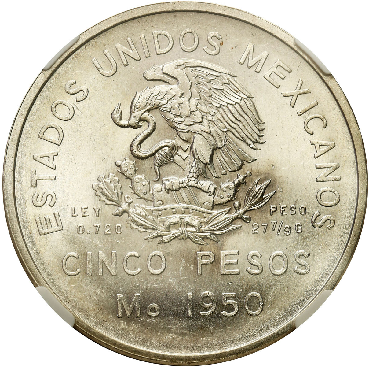 Meksyk. 5 Peso 1950 Mo, Mexico City NGC MS64+